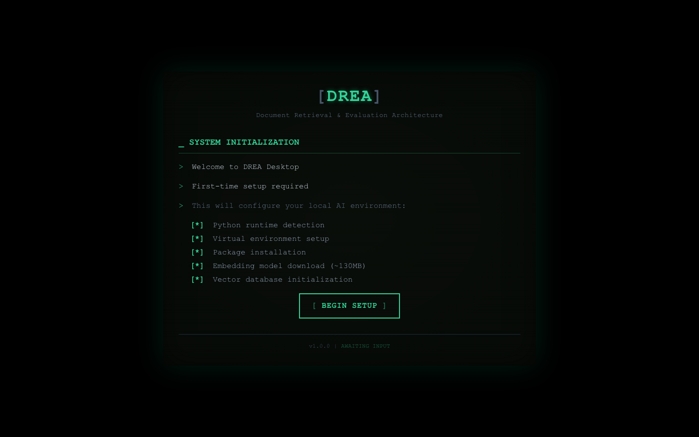 DREA Setup Welcome - Retro CRT boot sequence